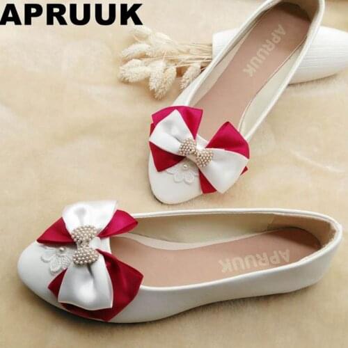 Red bow flat heel wedding shoes women round toes slip on sweet handmade butterfly-knot lace pearls bridal shoes drop shipping