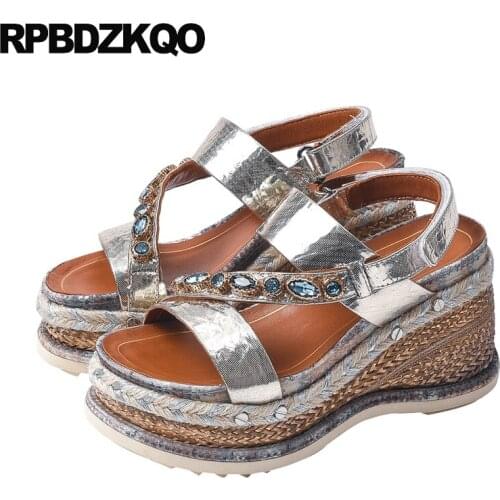 Diamond high heels pumps jewel crystal genuine leather famous brand wedge sandals platform extreme rhinestone shoes women silver