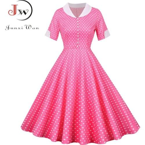 2021 Women Summer Dress Slim Short Sleeve Polka Dot Print High Waist Vintage Elegant Office Party Midi Sundress Robe Plus Size