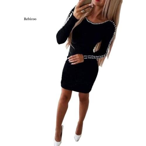 Women Dress Shoulder Beading Bodycon Ladies Evening Party Autumn Long Sleeve Skinny Casual Pencil Dresses Vestidos Plus Size
