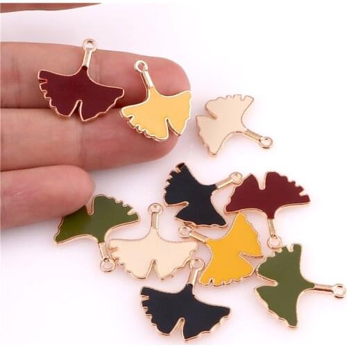 10pcs Mixed Enamel Plant Ginkgo Biloba Leaf Gold Tone Charms for Earrings Necklace Pendant Findings DIY Jewelry Making Accessory