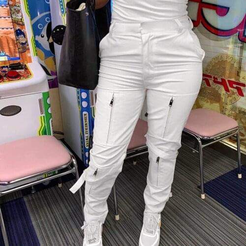 2 Color Black And White Military Style Multi Leg Zipper Strap High Waist Tooling Canvas Casual Trousers