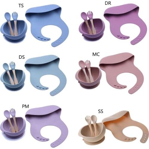 4PCS/SET Children Tableware Set Non-Slip Baby Feeding Bowl with Spoon Fork Waterproof Baby Bibs Silicone Kid Training Dinnerware