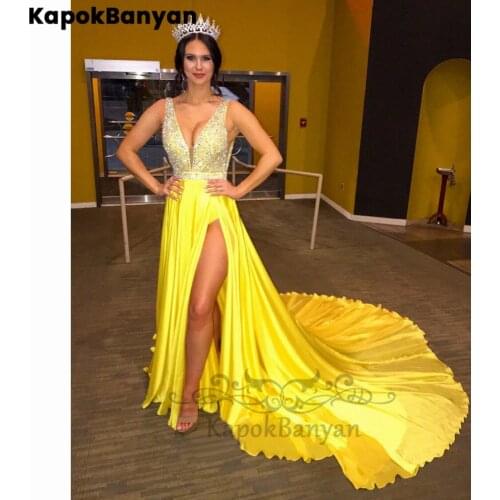 Rhinestones V-neck V-back Zipper Backless Sleeveless Split Court Train Satin Prom Dresses