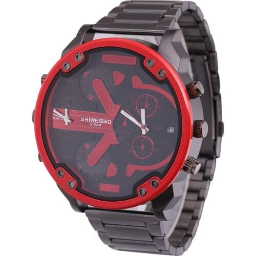 Top Luxury Men Watch Black Stainless Steel Band Cool Big Dial Mens Quartz Watches Dual Times Miltiary Relogio Masculino Date New