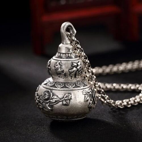 Pure silver, antique, matte, peony, flower and riches, gourd, gourd, box, Lun Yan, sterling silver, pendant, wholesale