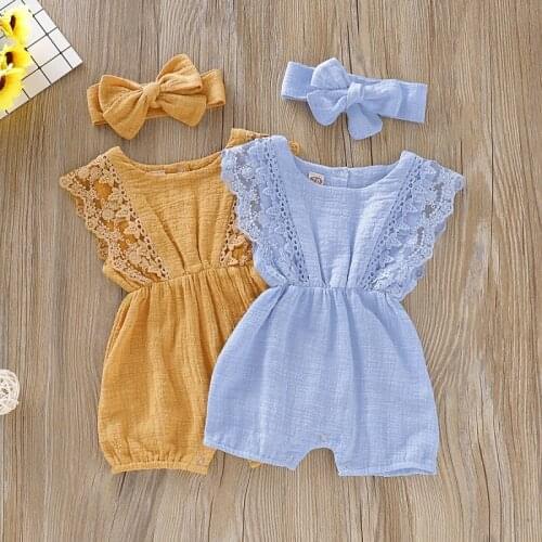 Summer Baby Girl Rompers Newborn Baby Clothes Toddler Flare Sleeve Solid Lace Design Romper Jumpsuit with Headband One-Pieces