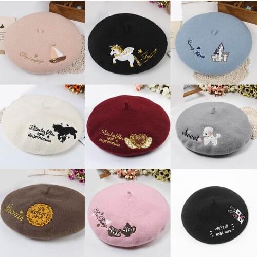 Wool Berets for Women Painter Vogue Cartoon Embroidered French Artist Beanie Hats Woman Solid Color Kawaii Lady Girl Winter Caps