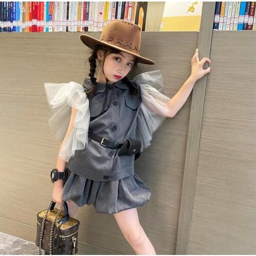 2021 Korean style girls blazer ruffles patchwork fashion summer girls top 6-12t B342