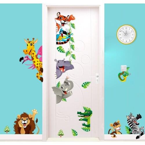Cartoon Forest Animal zebra giraffe elephant Lion fox Wall Sticker living room door Mural Decal Kids Home Decor art stickers