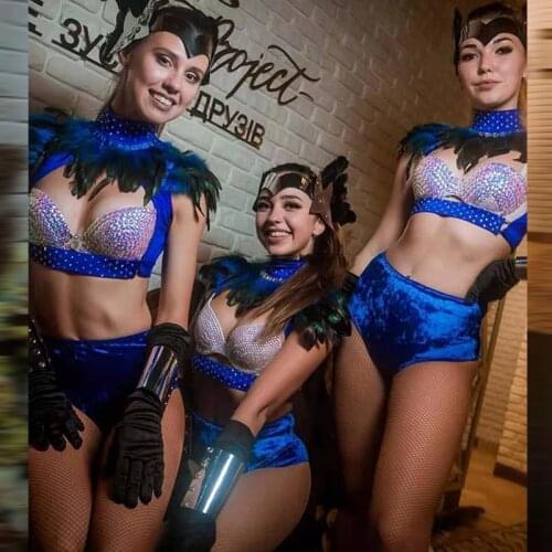 Nightclub Bar Pole Dance Performance Clothing For Women Sexy Crystal Bikini Blue Velvet Pants Feather Gogo Dj Ds Outfits VDB3512