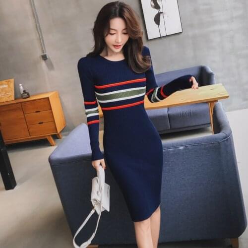 New Winter Women sweater dress 2020 spring New Color stripes weater Dress Elastic Skinny stripe Dress Knitted Dress vestidos