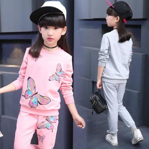 Girls clothes sets 3-13T kids spring sport sets jacket+pants 2pcs/set animal butterfly pattern cute active style warm pants tops