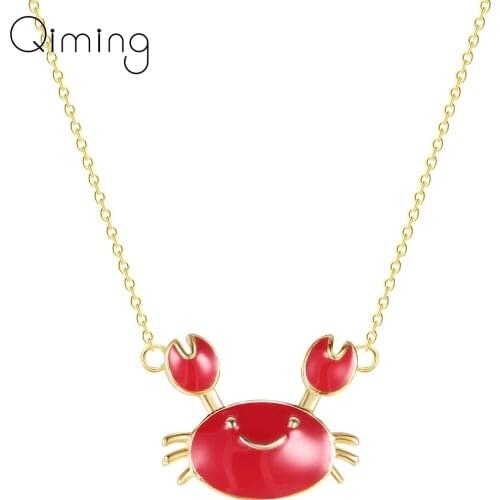 Handmade Red Crab Necklace Baby Birthday Gift Long Gold Chain Cute Pendant Sea Animal Pendants Necklaces For Women