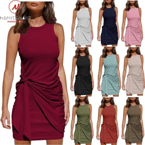 Fashion Women Summer Solid Color Pencil Dress Shrinkage Design Bor Decor O-Neck Sleeveless Mid Waist Slim Hips Mini Dress
