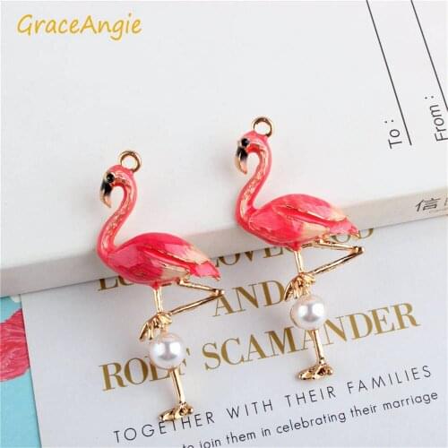 GraceAngie 5pcs New Alloy Flamingo Pendant With Artificial Pearl Charms Women Necklace Earrings Bracelet Jewelry DIY Accessory