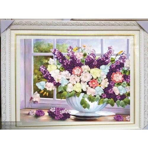 Needlework,DIY Ribbon Cross stitch Sets for Embroidery kit,Beautiful Purple vase flowers Cross-Stitch handwork house decor