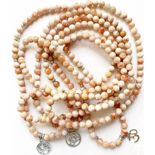 Sunstone Stone 108 Mala Prayer Beads Necklace Charm Bracelet 8mm Natural Round Beads Elastic String Buddhist Spiritual Jewelry