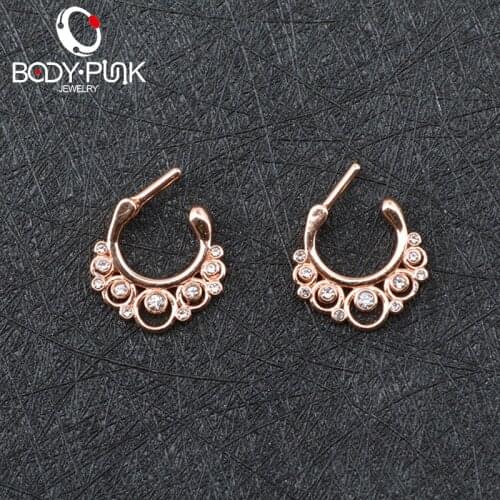 Body Punk 1 pc Rose Gold Multi Clear CZ Septum Clicker Nose Rings Daith 14G 16G Titanium Pole Fashion Body Piercing Jewelry