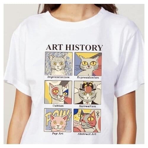 Kuakuayu HJN Art History Cat Funny Printed T Shirt Women Short Sleeve Cotton Fashion O-Neck Printing Tops