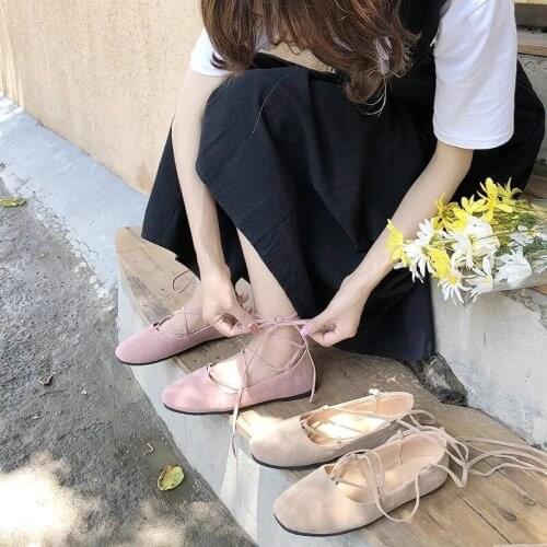 Womens Sweet Pink Ankle Lace Up Ballet Shoes Casual Soft Slip On Square Toe Loafers Comfort Nursing Black Khaki Flats 2021 New
