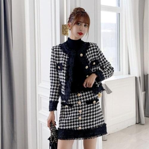 Women Plaid Two Piece Outfits Autumn Winter New Tweed Suits Fashion Tassel Jacket Coat+Bodycon Mini Skirt Suits 2 Piece Set