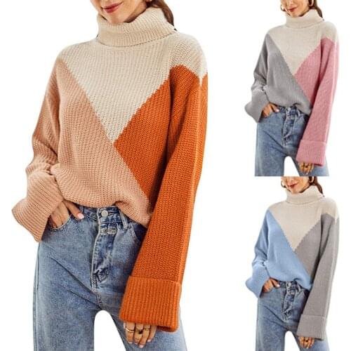 FNOCE 2020 winter new womens sweaters fashion casual streetwear patchwork long sleeve turtleneck loose slim knitted sweaters