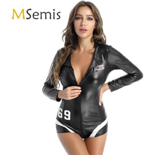 Womens Lingerie Faux Leather Bodysuit See-through Mesh Back Leotard Catsuit Deep V Neck Zipper Rave Costume for Pole Dancing