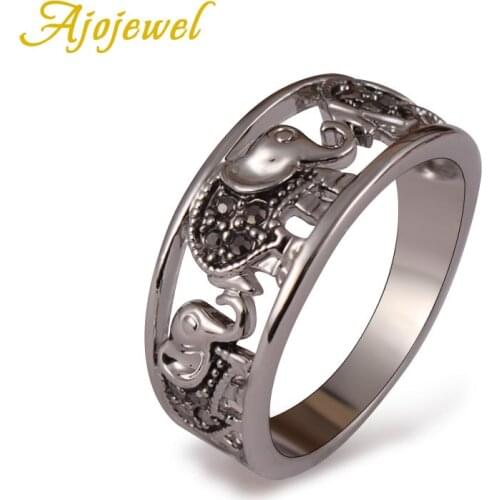 Ajojewel Size 7-10 Black Rhinestone Stackable Animal Collection Elephant Ring Party Jewelry Finger Anel For Women