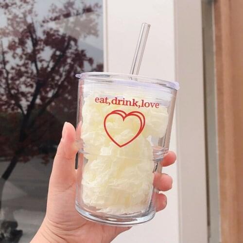 1Pcs New 350mL Love Glass Mug with Lid and Straw Creative Printed Letters Milk Juice Large Capacity Glass Cups Gifts for Friends