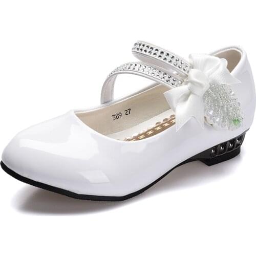 Flower Leather White Shoes Little Girl Princess Dress Shoes High Heels Children Big Wedding Rhinestone Bow Party Shoes3 -14 Year