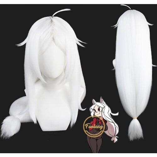 Game Helltaker Long White Cosplay Heat Resistant Synthetic Hair Halloween Party+ Free Wig Cap