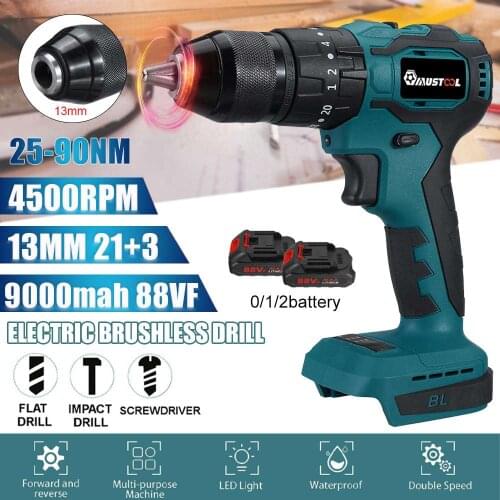 13mm 88VF 3in1 Brushless Electric Impact Drill Screwdriver With 4 Drill Bit 21+3 Torque Cordless Drill For Makita 18V Battery