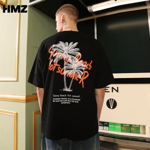 HMZ 2021 Couple Tee Oversized T Shirts Men Cotton Man Top New Tees Black White Summer Coconut tree Clothes Sweatshirts Plus Size