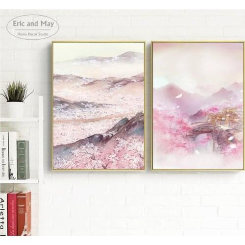 Cherry Blossom Mountain Landscape Canvas Painting Wall Art Nordic Decoration Home Modern Poster For Living Room Print Picture