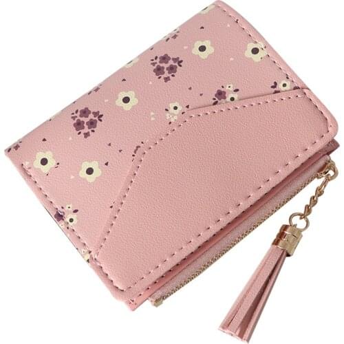 Korean Soft PU Leather Women Wallets Floral Print Money Bags Multi-Card Pocket Fashion Tassel Ladies Zipper Buckle Short Clutch