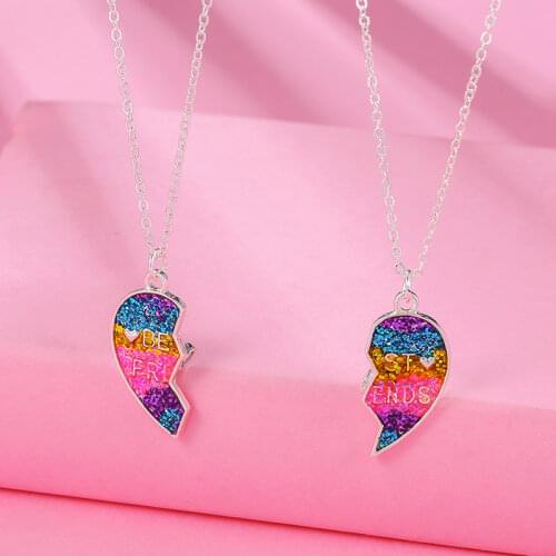 Luoluoyi 2 Piece Set Gradient Color Heart-shaped Stitching Pendant Chain Exquisite and Lovely BFF Friendship Necklace for Friend