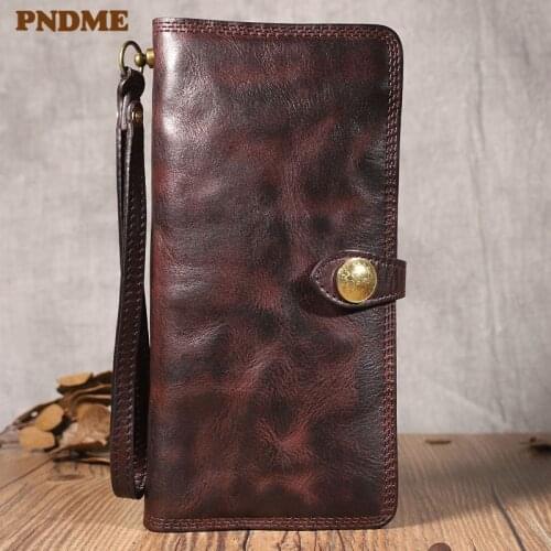 Retro multifunctional full cowhide long mens wallet fashion natural genuine leather multi-card holder womens phone clutch bag