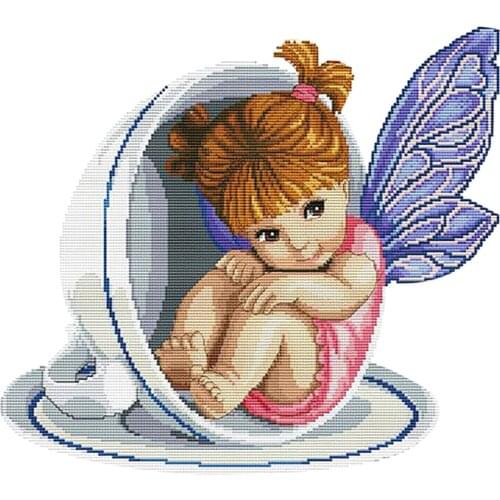 Angel in Teacup DIY Stamped Cross Stitch Kit Pre-printed Patterns Cute Scenery Home Wall Decoration