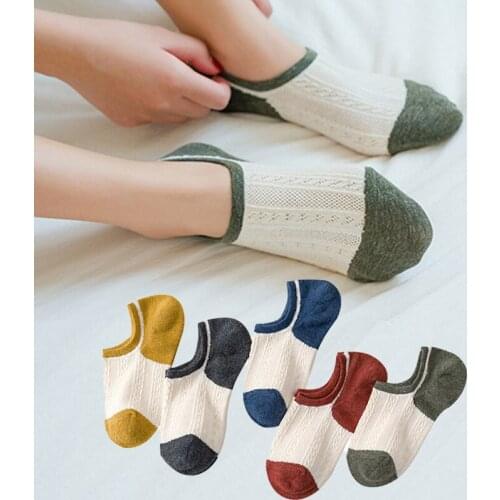 5 Pairs Summer Women Socks Retro Style Candy Color Cotton Casual Breathable Mesh Cute Short Invisible Ankle Socks Size EU 35-40
