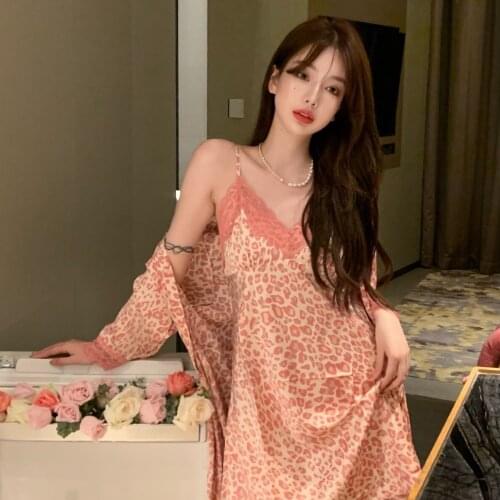 Sexy Kimono Robe Set Leopard Nightwear Intimate Lingerie Women Lace Sleep Set Bathrobe Gown Nightgown Pink Casual Loungwear