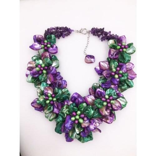 Freshwater pearl and purple green colors shell flower necklace 19inch nature gift baroque wholesale beads FPPJ
