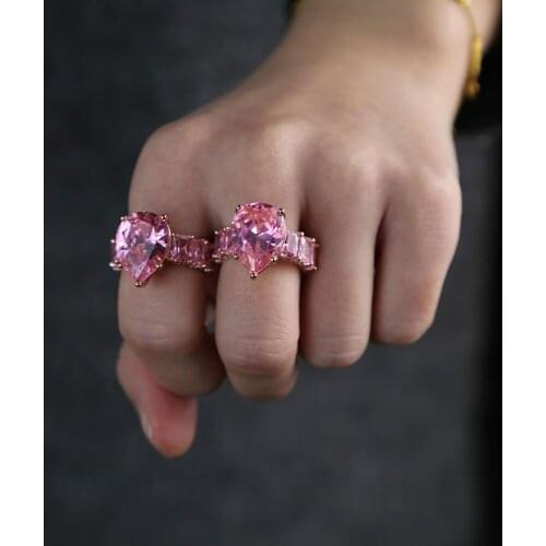 Luxury Large Pink Water Drop Design CZ Cubic Zircon Stone Wedding Rings Pink Crystal Mini CZ Round for Women Fine Jewelry Whole