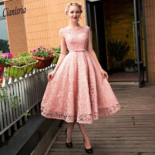 Pink Boat Neck Lace Tea-Length Evening Dresses With Sashes Pearls Open Back Cap Sleeve Short Formal Party Dress