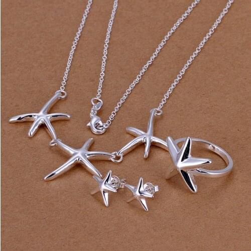 Hot selling 925 jewelry silver plated jewelry set fashion jewelry set Starfish Necklace&Earring&Ring Jewelry Set SMTS174