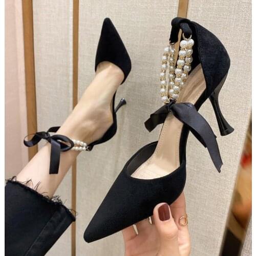 New Female High heels womens stiletto heel new pearl anklet straps fairy black pointed sexy sandals Sexy Pumps