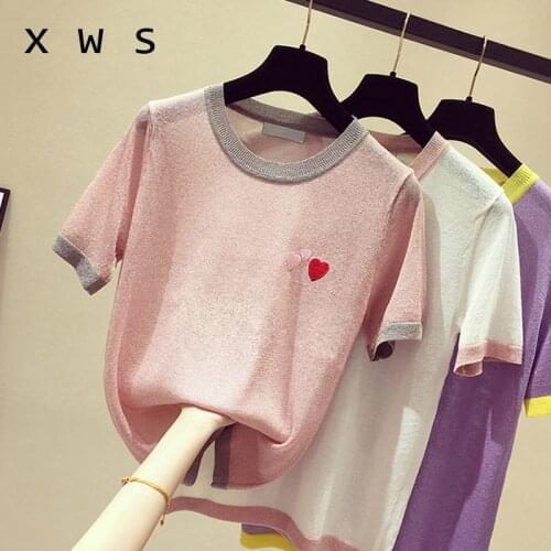 Summer oversize sweater and pullover 2020 short sleeve o neck love embroidery kint jumper casual fashion shiny thin sweater