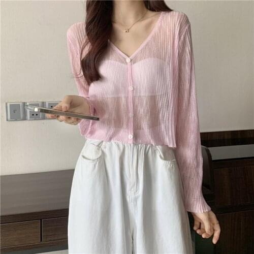 Thin Woman Tshirts Perspective Casual Ladies Crop Top V-neck Summer Long Sleeve Sun Protection Tees Knitted Fashion Korean