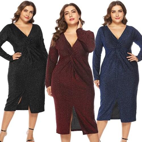 Autumn Winter Plus Size Women V-neck Slit Sequin Dress Girl Long Sleeve Sexy Dresses Party Night Club Dress 3xl 4xl 5xl Elegant