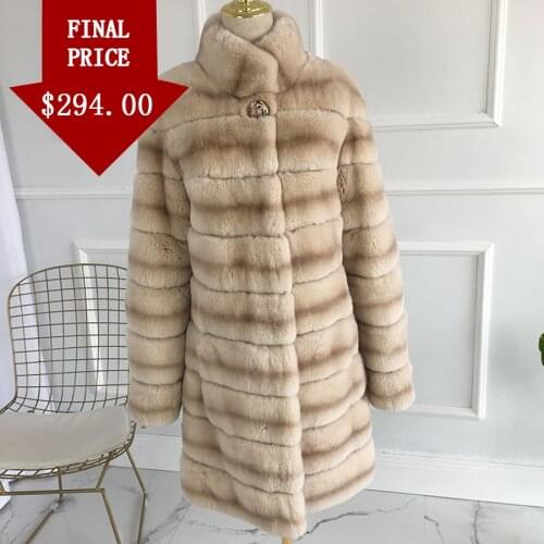 2019 new long real rex rabbit fur coat jacket stripe Winter fur coat Fashion with standing collar women natural fur coat